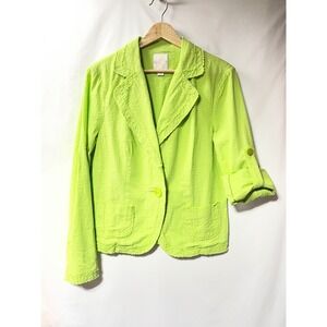 Think Tank Lime Green Seersucker Blazer Jacket Neon Raw Edge Roll Tab Sleeve L